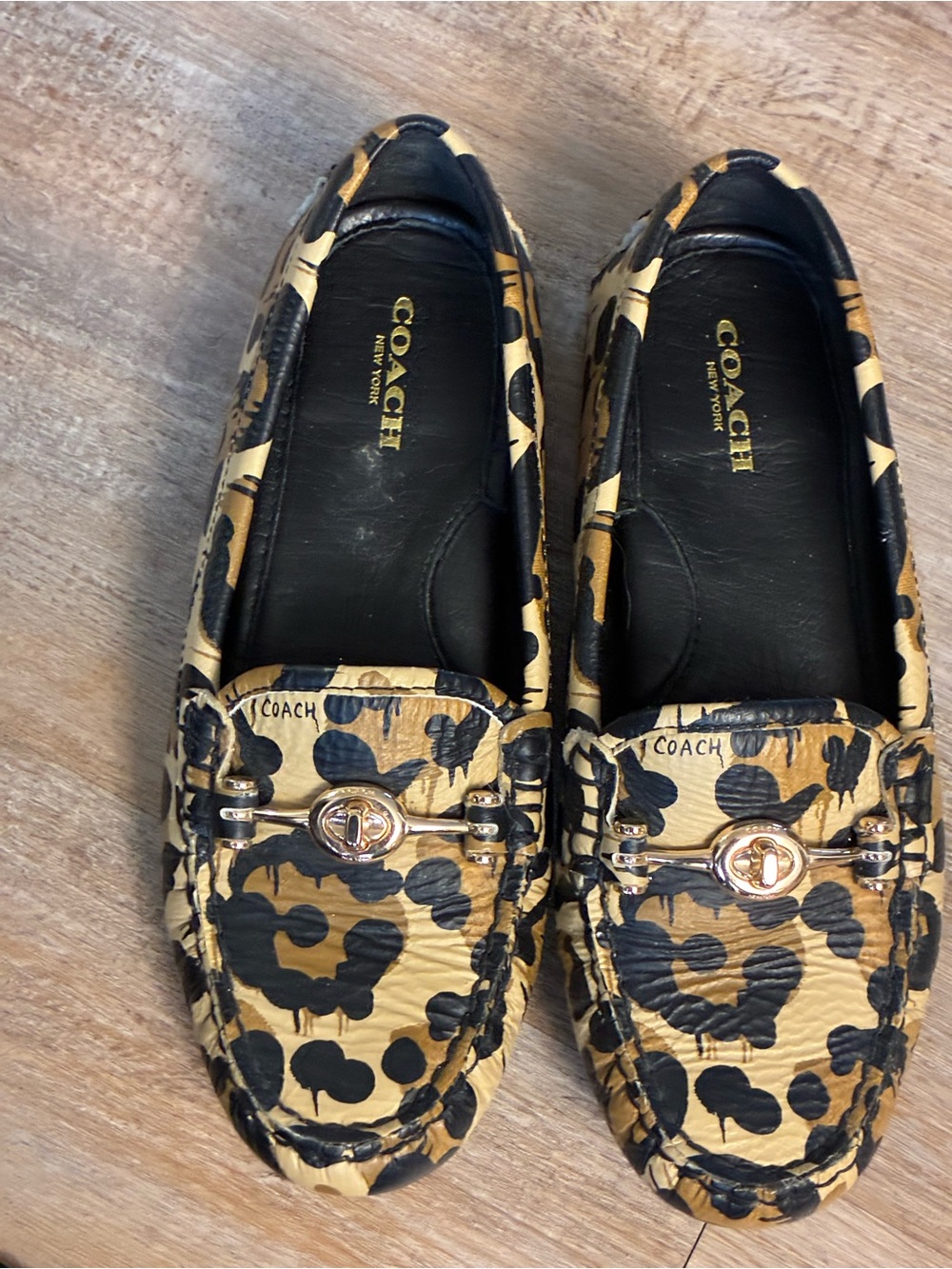 Coach Leopard-Print Leather Loafers in Black & Tan